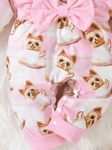 Baby Girls' Cartoon Patterned Jumpsuit With Bowknot And Ruffled Leg - Pink - View 4