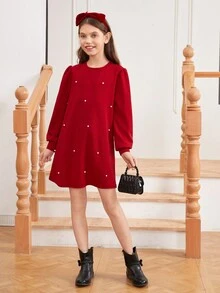 SHEIN 女孩編織純色釘珠鬆身休閒連衣裙,圓領,媽咪和我配套款式(兩件分開售賣) - 紅色 - 查看 7