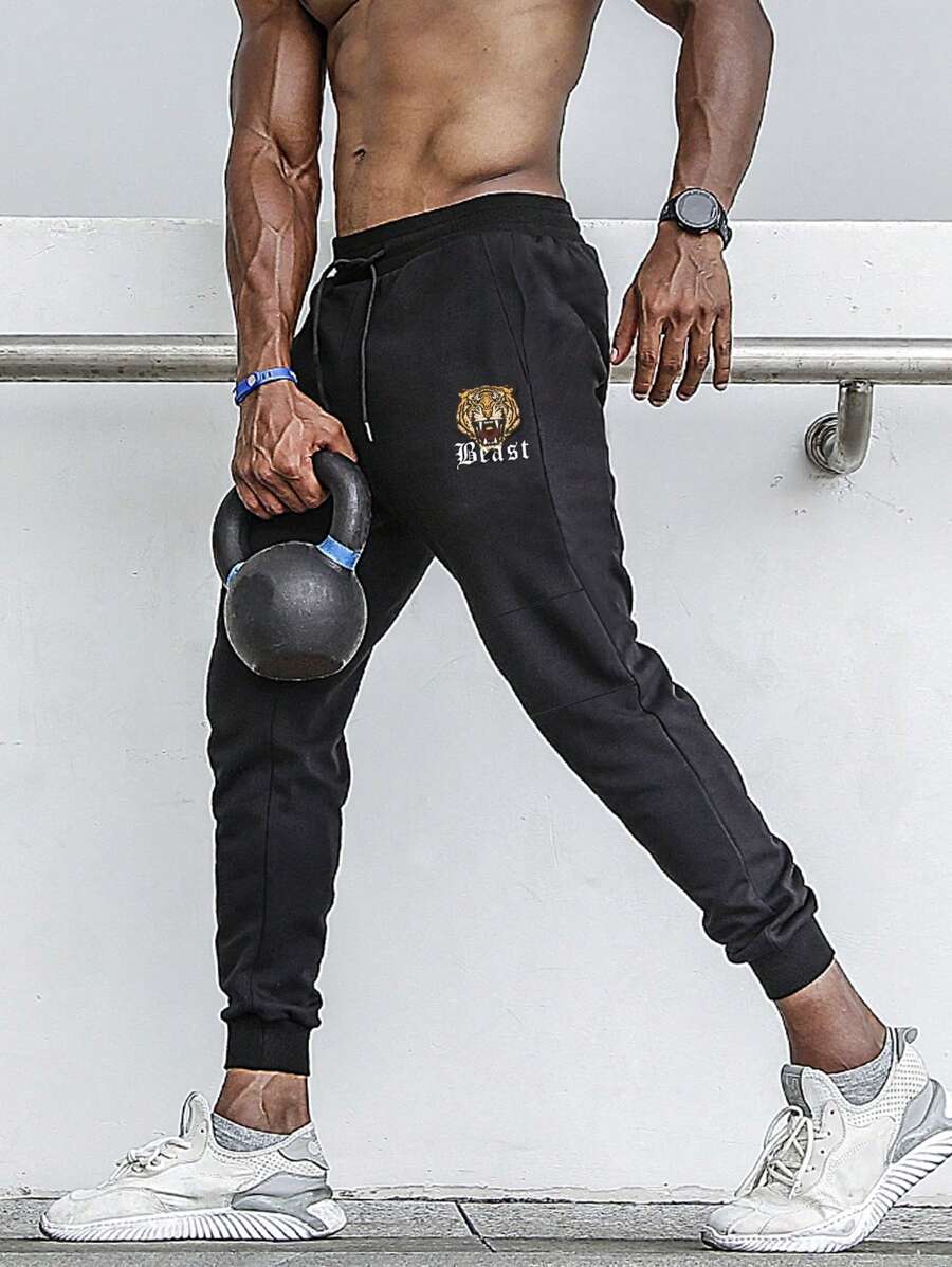 Manfinity Sport Corelite 男士老虎字母图案抽绳腰运动裤 - 黑色 - 查看 1