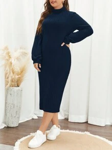 SHEIN Frenchy Plus Size Stand Collar Rib Knit Dress - Navy Blue - View 3
