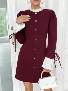 SHEIN Privé Vestido De Mujer Con Mangas Acampanadas, Color Bloque Y Cierre De Botón Único - Burdeos - Ver 3