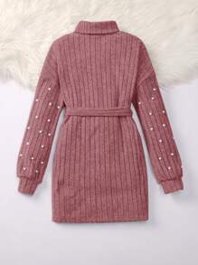 SHEIN 適用於街頭的Tween女孩簡約純色針織半高領長袖連身裙帶腰帶