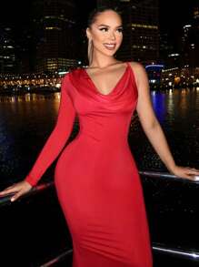 SHEIN SXY Víspera De Año Nuevo, Navidad Vestido Rojo De Una Sola Banda Atractivo Y Elegante Para Mujer Con Escote En V - Rojo - Ver 5