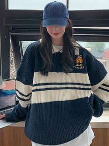 1pc Women's Cute Bear Embroidered Colorblock Polo Collar Sweater, Long Sleeve
