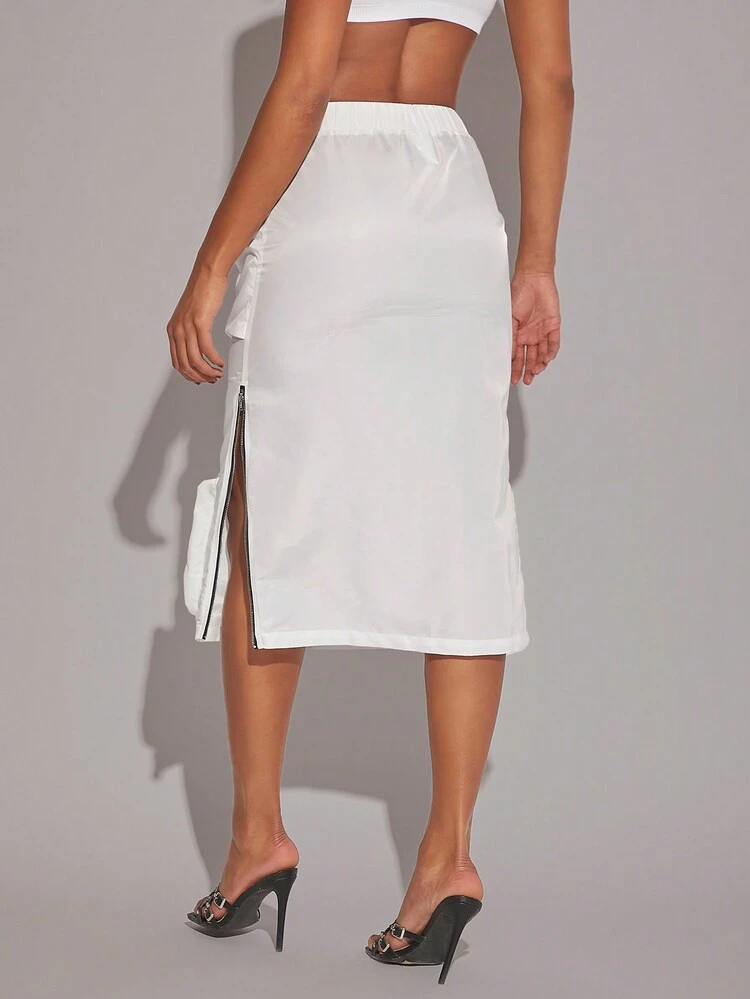 Zip Up Cargo Pocket Split Thigh Skirt