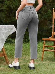 SHEIN PETITE High Waist Washed Tapered Jeans - Grey - View 2