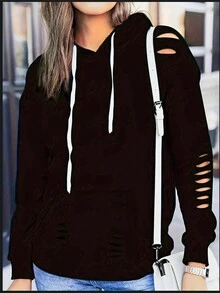 Camiseta Casual Para Mujer Con Bolsillos En La Parte Delantera, De Color Rosa Con Capucha Y Manga Larga, Con Diseño De Moda De Agujeros - Negro - Ver 3