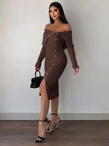 EURMUSE 女士露肩修身毛衣連衣裙 - 棕色 - 查看 4