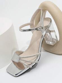 Women's Open Toe High Heeled Sandals With Crystal And Metallic Texture For Party, Spring/summer - Silver - View 2
