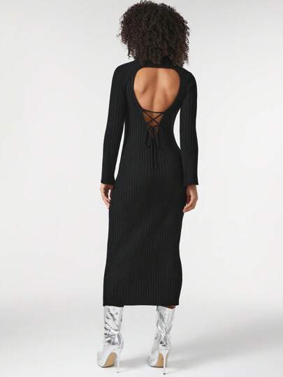 Amiko Vestido de suéter elegante de longitud midi con cordones y espalda descubierta, estilo casual y de diseñador, ideal para vacaciones, fiestas, cumpleaños, festivales, bodas y bailes de graduación.