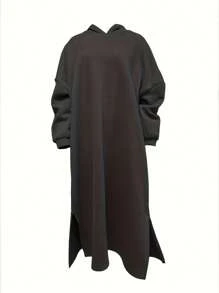 加大尺碼女式羊毛長款帽裝運動連衣裙 - 黑色 - 查看 1