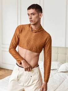 Manfinity Fever City Men's Stand Collar Lace Cropped Long Sleeve T-shirt - Yellow - View 3