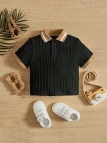 SHEIN Leap Crew Baby Boy's Casual Color Block Polo Shirt Suitable For Summer - Black - View 1
