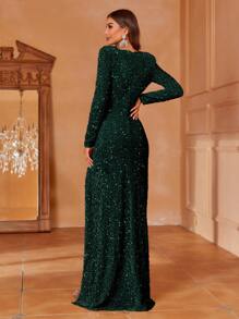 Faeriesty Women Elegant Women's Elegant Formal Gala Gown With Dramatic Deep V-Neck, Crossover Design, And High Side Slit, Sophisticated Figure-Flattering Silhouette For Glamorous Evening Events, Luxury Banquet Dresses For Anniversary Celebration, New Year's Eve Party, Red Carpet Gala, And Grand Ball New Year Outfit,Summer Holiday Outfits - Dark Green - View 2