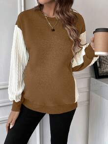 SHEIN Pregnant Women's Color-blocking Drop Shoulder Sweatshirt - Coffee Brown - View 4