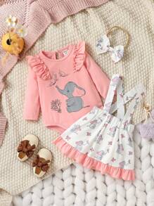 Baby Girls' Cartoon Printed Jumpsuit With Ruffle Trim And Suspender Skirt Set - Multicolor - View 1