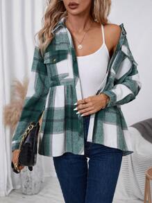 SHEIN Essnce 女款格紋荷葉邊襯衫領夾克 - 軍綠色 - 查看 4
