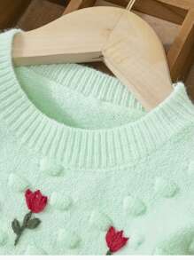 Baby Girl's Flower Embroidered Sweater Winter - Mint Green - View 3
