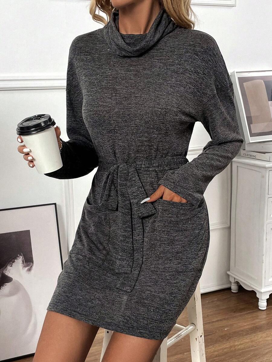 SHEIN LUNE 女雙口袋兜領背心連身裙 - 深灰色 - 查看 1