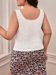 SHEIN Frenchy Plus Size Solid Color Lace Trim Drawstring Tank White Top - White - View 2