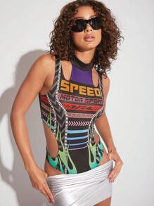 SHEIN Unity Racing Graphic Cut Out Bodysuit - Purple - View 5