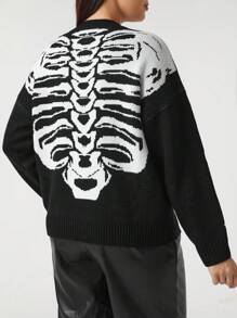 SHEIN Unity Suéter De Talla Grande De Esqueleto Impreso, Holgado, Con Cuello En V Y Hombros Caídos - Blanco y Negro - Ver 2