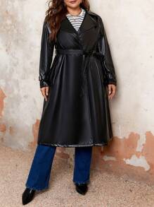 SHEIN Franclia 大尺碼中長款外套,附腰帶 - 黑色 - 查看 1