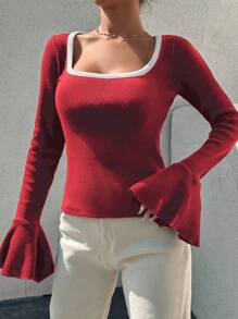 EURMUSE Contrasting Trim Bell Sleeve Ribbed Knit T-shirt - Red - View 3
