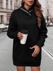 SHEIN LUNE Của phụ nữ Màu thuần Thả vai & Dây kéo Thiết kế Hoodie - màu đen - Xem 4