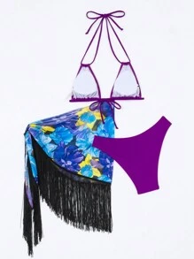 SHEIN Swim Women's Halter Neck Bikini Set With Floral Print Fringed Cover-Up Skirt Music Festival Summer Beach - Multicolor - View 5