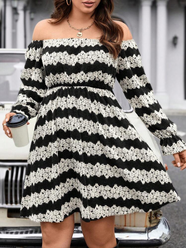 Plus Size Women'S Off Shoulder Striped Long Sleeve Bodycon Dress Fall Cloth For Women