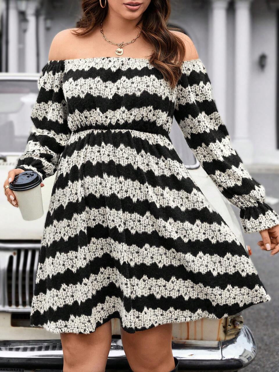 Plus Size Women'S Off Shoulder Striped Long Sleeve Bodycon Dress Fall Cloth For Women