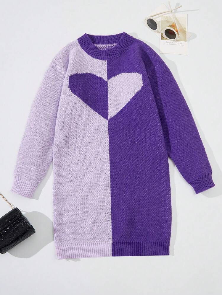 Girls' Heart Pattern Color Block Knitted Sweater Dress