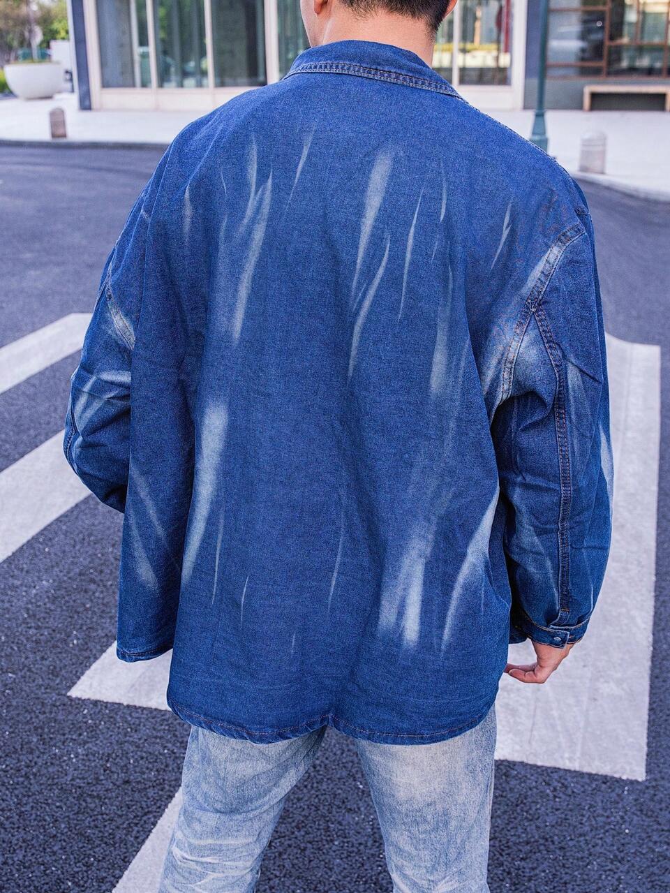 Men's Extra Loose Denim Shirt With Turn-Down Collar And Drop Shoulder Design
