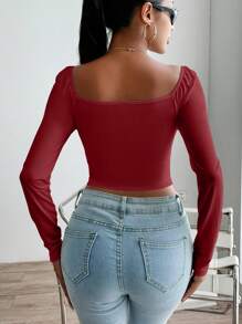 SHEIN Privé Square Neck Ruched Bust Crop White Tee - Burgundy - View 2
