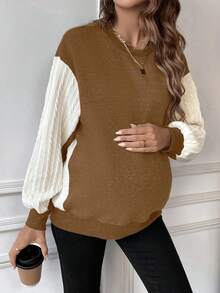 SHEIN Pregnant Women's Color-blocking Drop Shoulder Sweatshirt - Coffee Brown - View 5