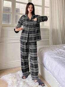 DAZY Women's Plaid Shirt And Long Pants Pajama Set