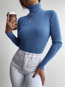 RueChic Jersey cuello alto tejido de canalé - Azul - Ver 5