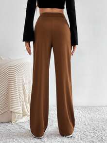 SHEIN Tall 高腰直筒純色長褲 - 棕色 - 查看 2