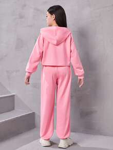 SHEIN Toddler Girls' Knit Round Neck Long Sleeve Hooded Sweatshirt And Pants Set For Casual Wear - Baby Pink - View 2