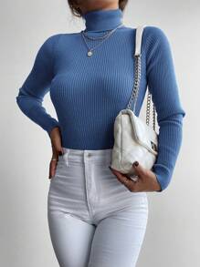 RueChic Jersey cuello alto tejido de canalé - Azul - Ver 4