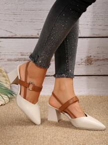 女士时尚后系带穆勒高跟鞋，尖头粗跟，优雅通勤工作白色高跟鞋 - 米色 - 查看 4