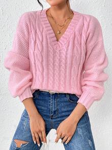 SHEIN Essnce Women'S V-Neck Drop Shoulder Pullover Sweater - Pink - View 4