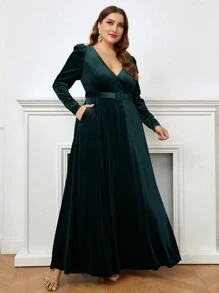 SHEIN Belle Kích thước lớn Của phụ nữ Ống tay áo Đầm Party Với Thắt Lưng ( Công nghiệp nặng Phong cách ) - Màu xanh lá cây đậm - Xem 6