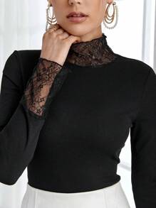 SHEIN Privé Lace Trimmed Long Sleeve T-shirt