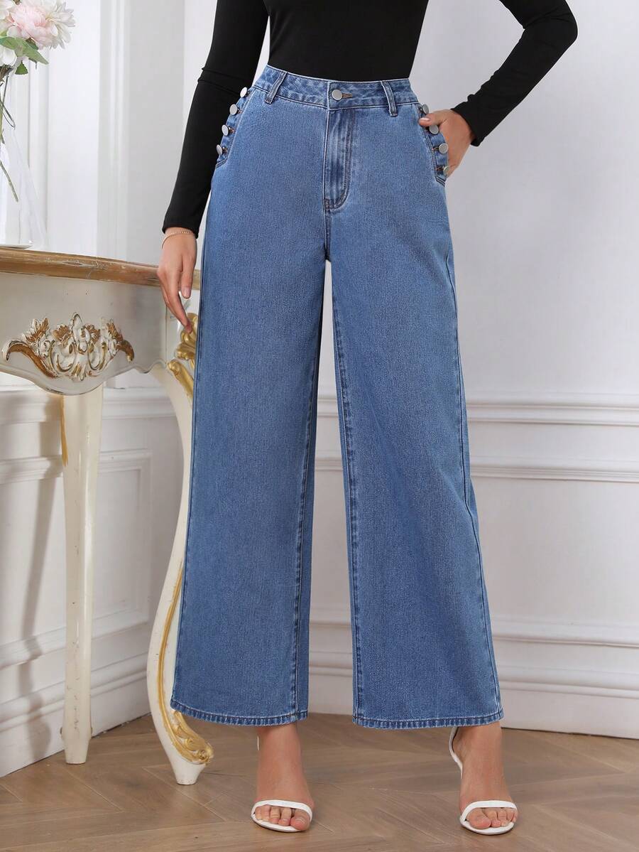 SHEIN Privé 女式闊腿牛仔褲 - 深色水洗藍 - 查看 1