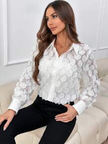 SHEIN Privé 3d織物網眼薄紗衬衫 - 白色 - 查看 7