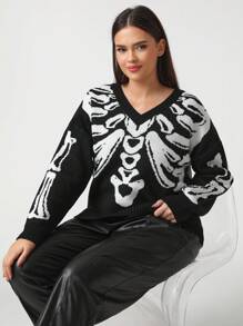 SHEIN Unity Suéter De Talla Grande De Esqueleto Impreso, Holgado, Con Cuello En V Y Hombros Caídos - Blanco y Negro - Ver 6
