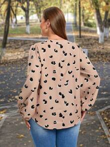 SHEIN LUNE Women's Leopard Print V-neck Lantern Sleeve Plus Size Blouse - Khaki - View 2