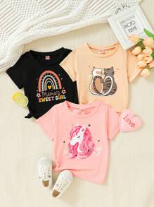 SHEIN Young Girl 3pcs Cartoon Printed Short Sleeve T-Shirt Set - Multicolor - View 1